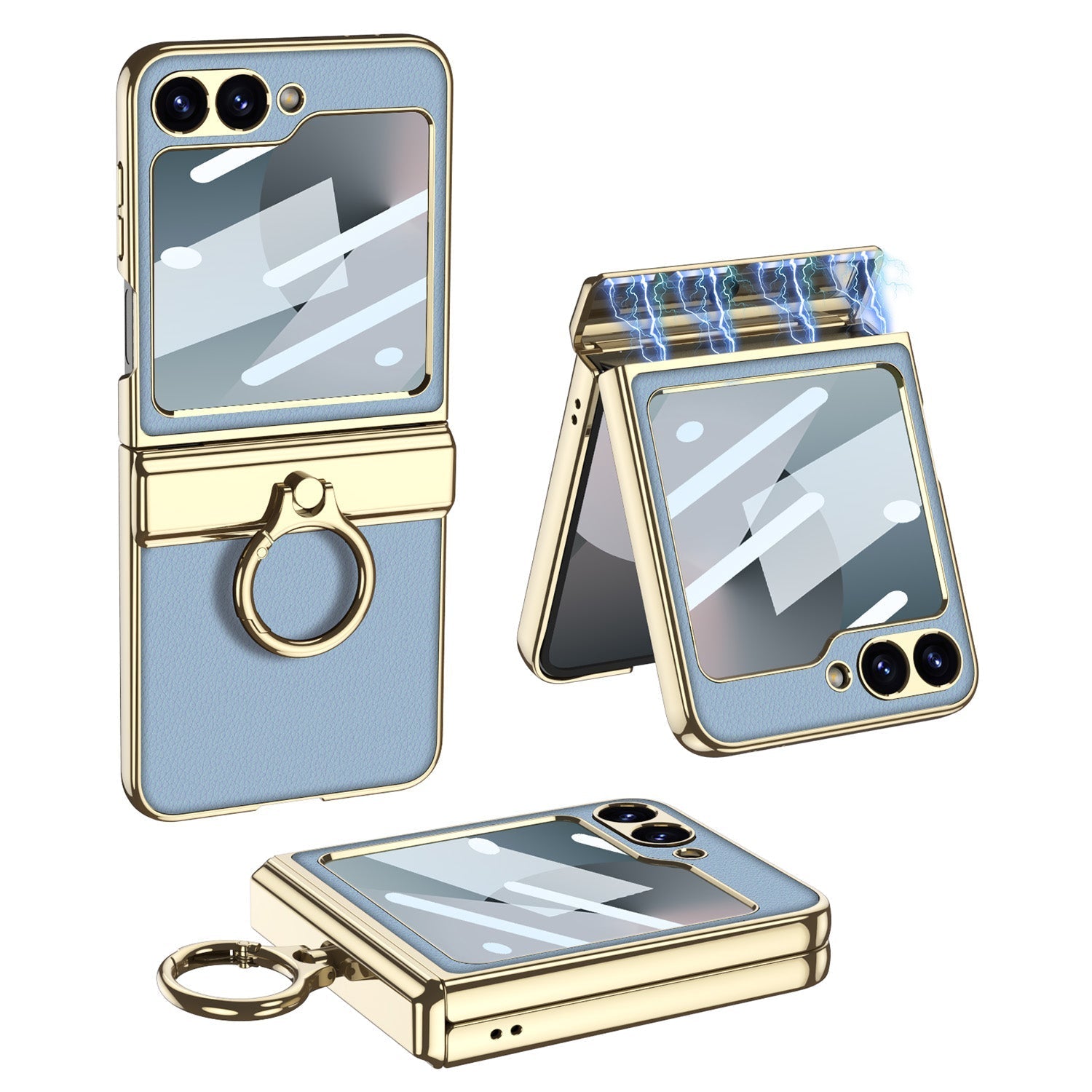 Golden Frame Leather Magnetic Hinge Ring Holder Case For Samsung Galaxy Z Flip