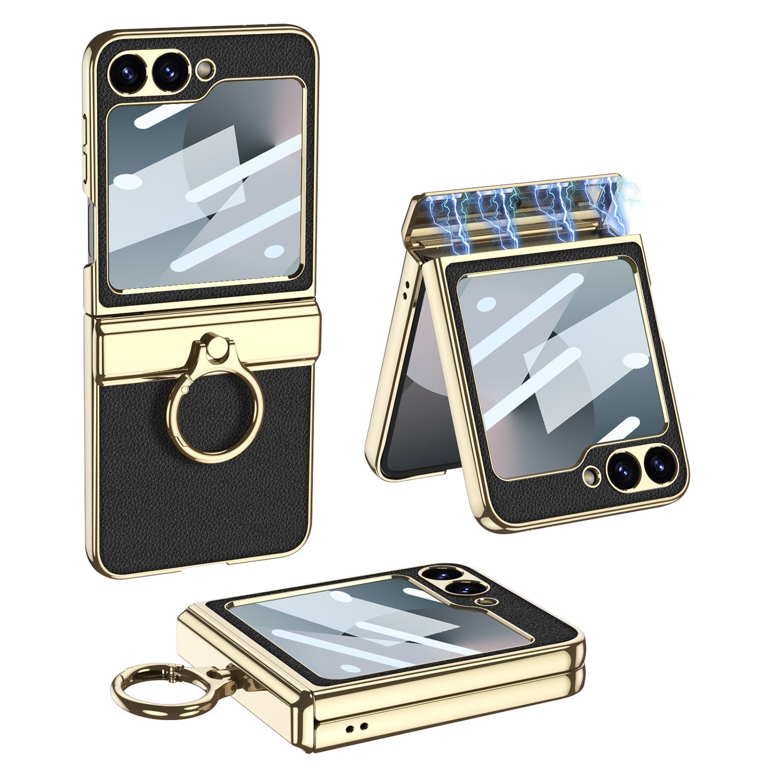 Golden Frame Leather Magnetic Hinge Ring Holder Case For Samsung Galaxy Z Flip