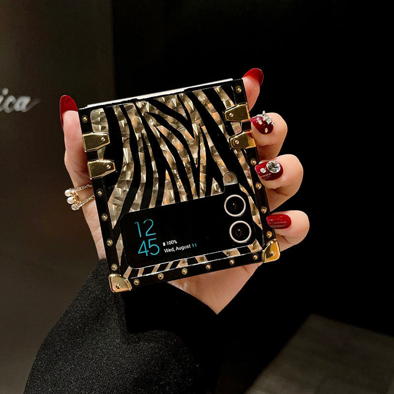 Luxury Leopard Pattern Stripe Glitter Gold Square Case For Samsung Galaxy Z Flip4 Flip3 5G