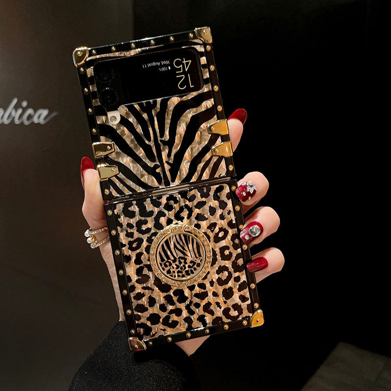 Luxury Leopard Pattern Stripe Glitter Gold Square Case For Samsung Galaxy Z Flip4 Flip3 5G